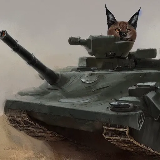 Prompt: cute caracal in military uniform on an tank, portrait, jakub rozalski, dark colours, dieselpunk, artstation