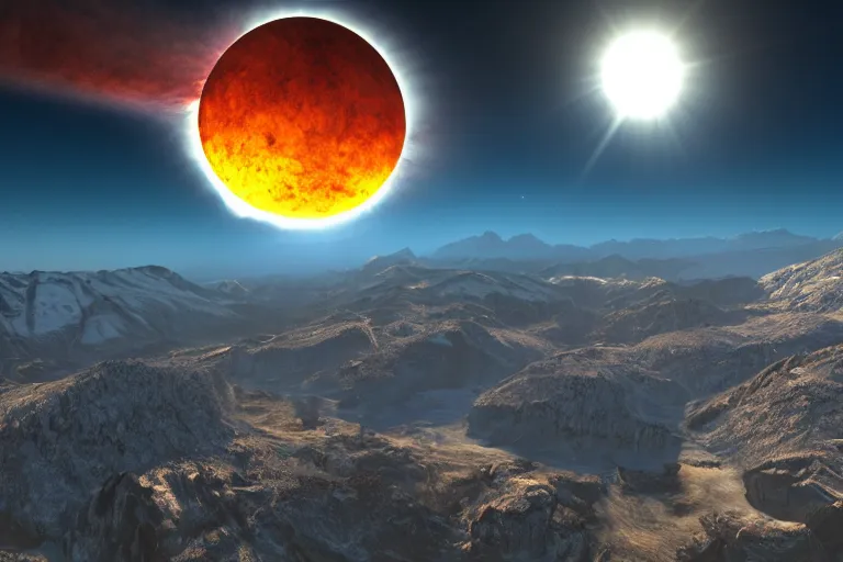 Image similar to surreal nuclear blast eclipse, rocky mountains, highly detailed, photorealistic shot, bright studio setting, studio lighting, crisp quality and light reflections, unreal engine 5, quality render