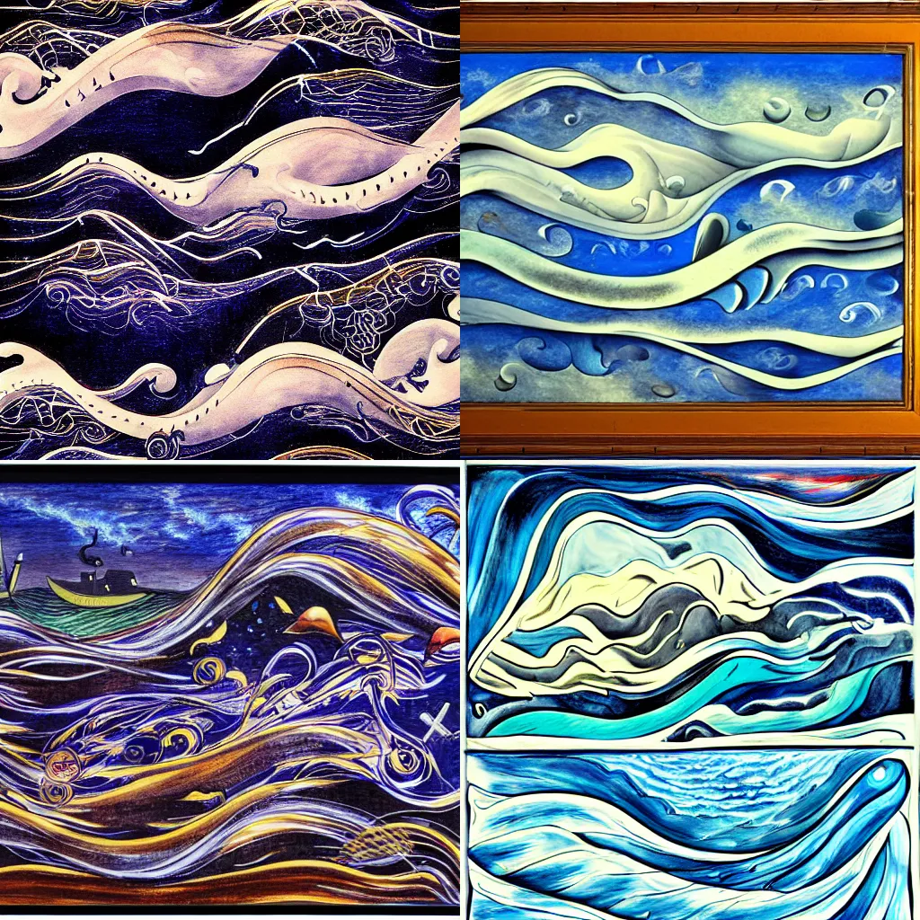 Image similar to instruments, waves, swirls, expansion, dark clouds, whales, medium: transparent overlay, tempera, airbrush