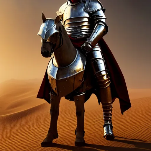 Prompt: A noble medieval knight fighting a war in the desert, dust and blood in the air, dark and horrifying, hyper realistic, photo realistic, cinematic lighting, volumetric lighting, Gold and Silver Armour Suit, black iron sword, trending on Artstation, Game Splash Screen, art by Artgerm and Greg Rutkowski and Alphonse Mucha