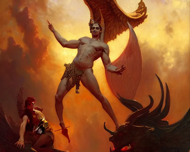 Image similar to attractive male deity, casting demonic magic, summoning handsome lucifer morning star. highly detailed painting by gaston bussiere, craig mullins, j. c. leyendecker 8 k