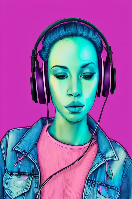 Image similar to a award winning half body portrait of a beautiful woman with stunning eyes in a croptop denim jacket and cargo pants with ombre purple pink teal hairstyle dancing with headphones on her ears by thomas danthony, surrounded by whirling illuminated lines, outrun, vaporware, shaded flat illustration, digital art, trending on artstation, highly detailed, fine detail, intricate