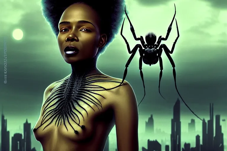 Image similar to realistic detailed closeup portrait movie shot of a beautiful black woman on a giant spider, dystopian city landscape background by denis villeneuve, amano, yves tanguy, alphonse mucha, max ernst, ernst haeckel, edward robert hughes, roger dean, cyber necklace, rich moody colours, sci fi patterns, wide angle