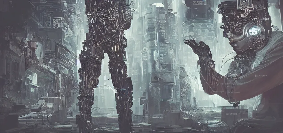 Prompt: Ultra realistic illustration of an old man cyborg cyberpunk sci-fi fantasy dystopian art nouveau graphic design logo