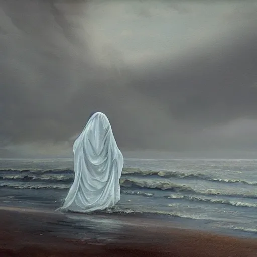 Prompt: ominous bedsheet ghost floating above the ocean, oil painting, brush strokes, gloomy foggy atmosphere, symmetrical, full body image, highly ornate intricate details,