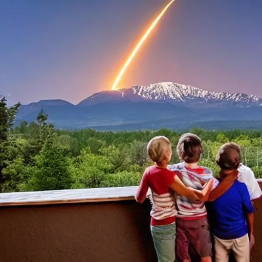 Image similar to A family on their front porch watching the explosive impact of a meteorite into the distant mountains. Comet, Meteor, apocalypse, shockwave, total and absolute destruction