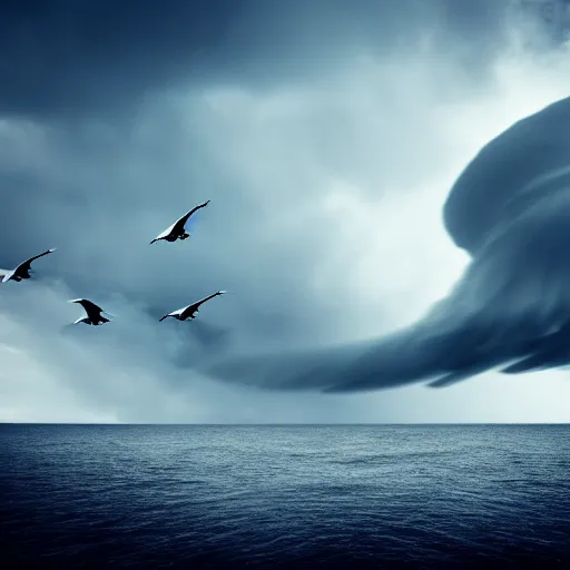 Image similar to a tornado!! made of seagulls, windy, cloudy, realistic reflections, cinematic lighting