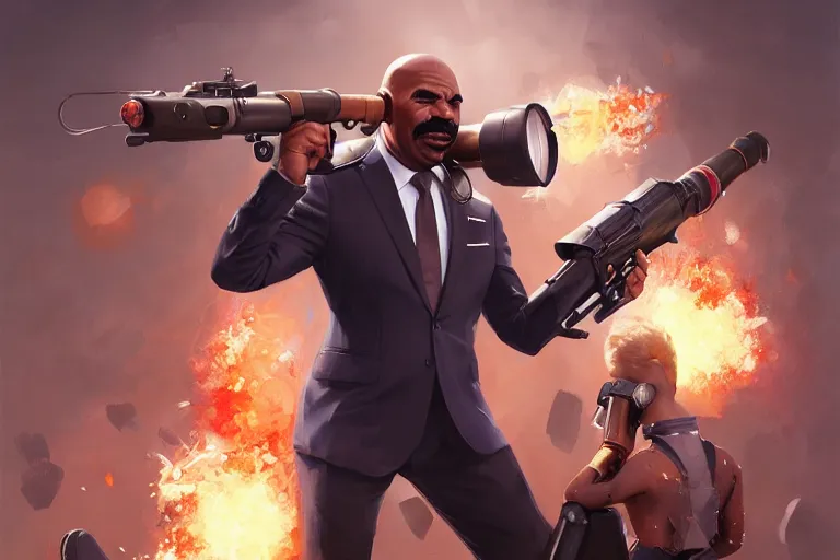 Image similar to portrait of steve harvey with a rocket launcher, attacking family fued, charlie bowater, artgerm, ilya kuvshinov, krenz cushart, ruan jia, realism, ultra detailed, 8 k resolution