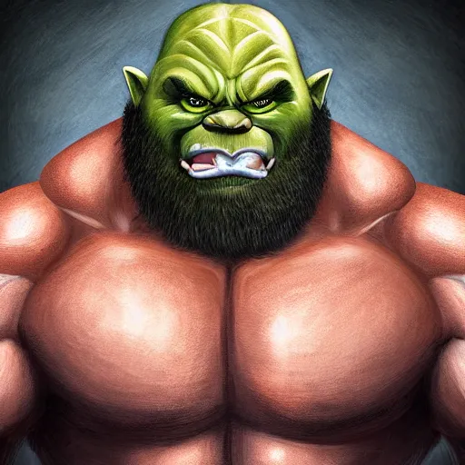 Prompt: strongman hairy orc with big muscle, thick body hair, mane - like hair and beard, tusks, manliness, digital painting, high resolution