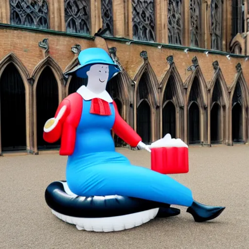 Prompt: Mary Poppins sitting on an inflatable hotdog outside Coventry cathedral