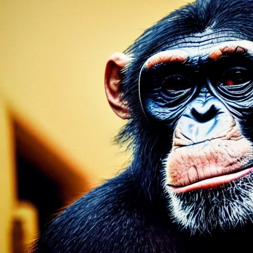 Prompt: high quality 8 k landscape photo of a smiling and arrogantly wise looking chimpanzee wearing cool dark sunglasses, chimpanzee photo like leon the professional, highly detailed, cinematic composition, cinematic lighting, 1 9 8 0 s retro hippie vintage hipster art