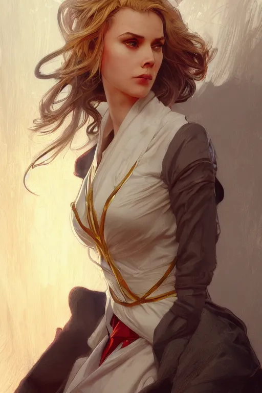 Image similar to a girl wearing a golden dress, grey hair, red necktie, cinematic, stunning, highly detailed, digital painting, artstation, smooth, hard focus, full body shot, illustration, art by artgerm and greg rutkowski and alphonse mucha