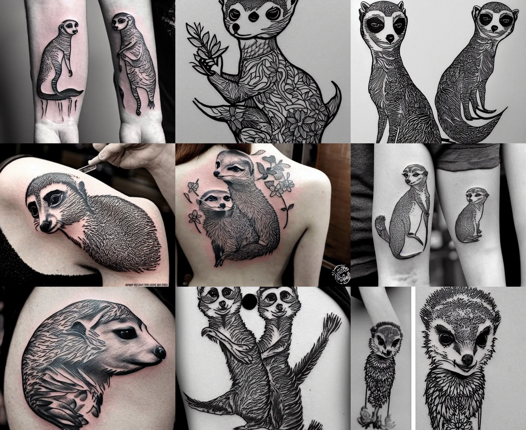 Prompt: detailed amazing tattoo stencil of a meerkcat standing flowers