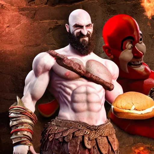 Prompt: Kratos the God of War smiling and holding a roast beef sandwich, billboard advertisement for Arby's restaurant, photorealistic, 4k render