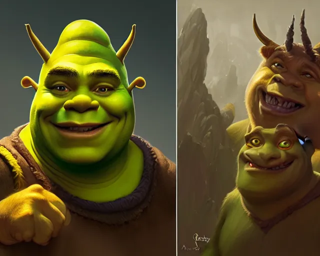 Image similar to shrek, dressed as a wizard, yellow skin, with horns, deep focus, d & d, fantasy, intricate, elegant, highly detailed, digital painting, artstation, concept art, matte, sharp, illustration, hearthstone, art by artgerm and greg rutkowski and alphonse mucha