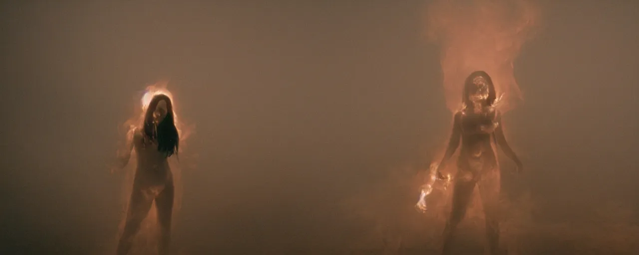 Image similar to The full body shot of beautiful pale woman with white flowers and full-face golden mask inside a thick black smoke in rocky desert landscape, glowing eyes everywhere, burning earth by Gaspar Noe and Christopher Doyle, anamorphic lens, anamorphic lens flares, kodakchrome, cinematic composition, practical effects, award winning photo, 8k