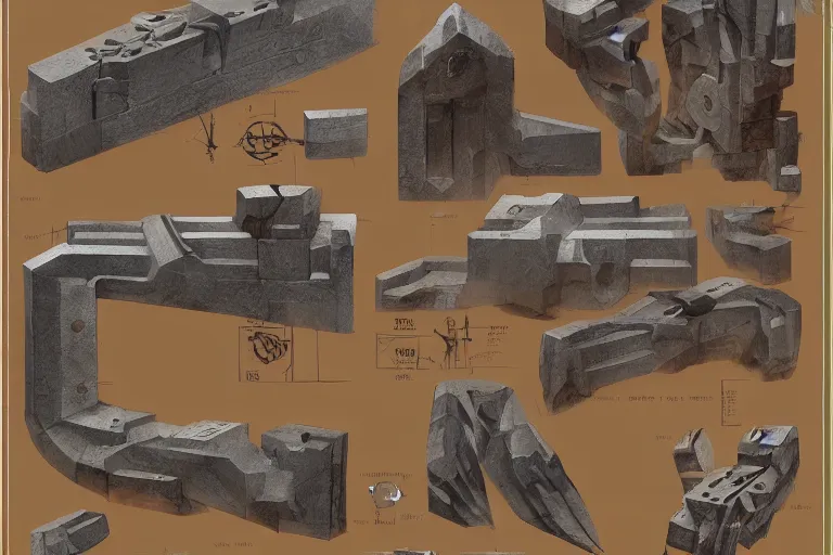 Prompt: schematic diagram of axes, dwarven, materials, built, book, page, detailed, cross section, trending on artstation, cgsociety, Ralph McQuarrie and Greg Rutkowski