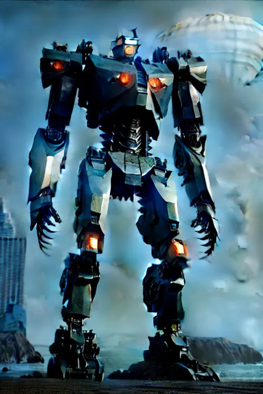 Image similar to a cinematic still from pacific rim movie, full body skinny jaeger, humanoid servo, decipticon armor plating, octane render, nvidia raytracing demo, masterpiece, aged armor plating, aggressive head, endoekeleton exposure