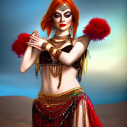 Image similar to a digital portrait of emma stone dressed as a belly dancer, arabian night, high quality, fully detailed, 4 k, in focus face with fine details, realistic hands