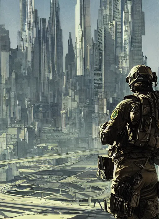 Image similar to Hector. USN special forces operator looking at city skyline. Agent wearing Futuristic stealth suit. rb6s and MGS Concept art by James Gurney, Alphonso Mucha.