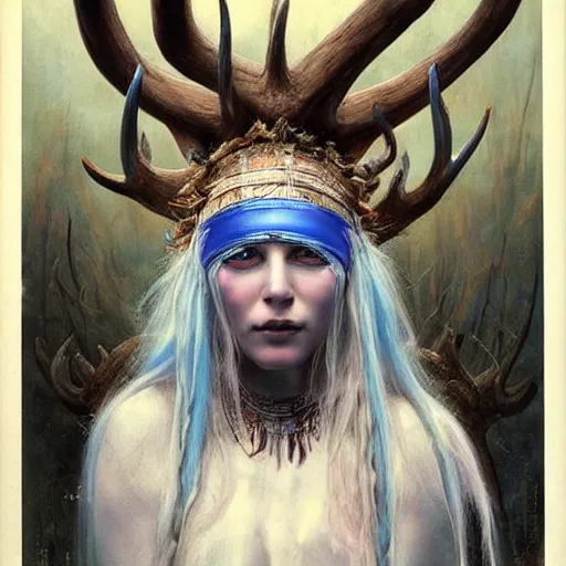 Image similar to A young female shaman blindfolded, blue hair and antlers on her head, blindfolded, heilung, made by karol bak