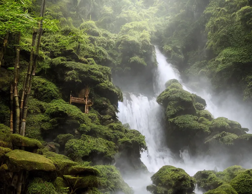 Image similar to a cinematic widescreen photo of epic ancient japanese hot springs temples on the top of a mountain in a misty bamboo cloud forest with waterfalls in winter by lee madgewick and studio ghibli