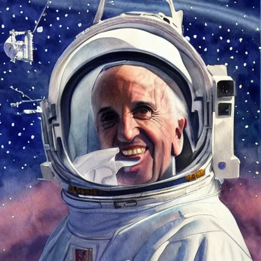 Image similar to pope in space. watercolor. dramatic. amazing painting. formal. beautiful. high resolution. highly realistic. close - up. trending on artstation