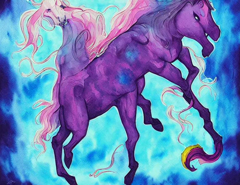 Prompt: amorphous lifeform taking over a unicorn's body. this watercolor painting by the award - winning comic artist has dramatic lighting, an interesting color scheme and intricate details.