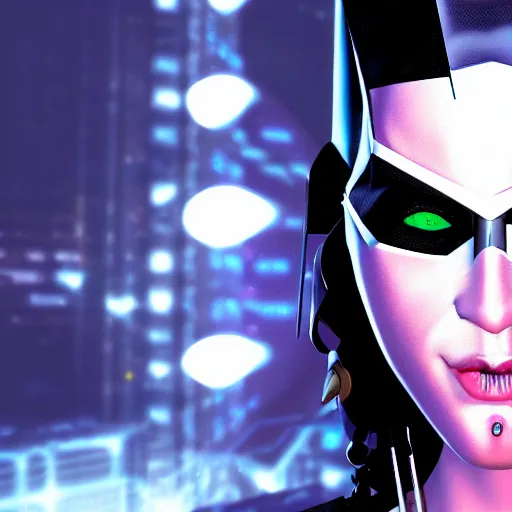 Image similar to Batgirl face cyberpunk style cinematic lighting super-resolution microscopy