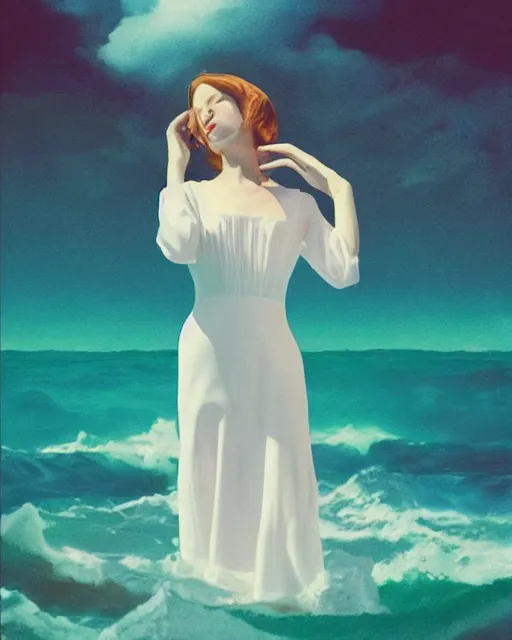 Image similar to a woman in a white dress standing in the water, an album cover by stanley twardowicz, trending on cg society, retrofuturism, retrowave, chillwave, synthwave