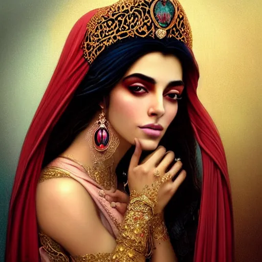 Prompt: Beautiful portrait of a Persian Princess who is an architect, beautiful princess, face painting, architecture, persian style architecture, beautiful body, dramatic lighting, intricate, wild, highly detailed, digital painting, artstation, concept art, smooth, sharp focus, illustration, black+velvet+red+Turquoise, dark, art by artgerm and greg rutkowski and alphonse mucha, footage from space camera
