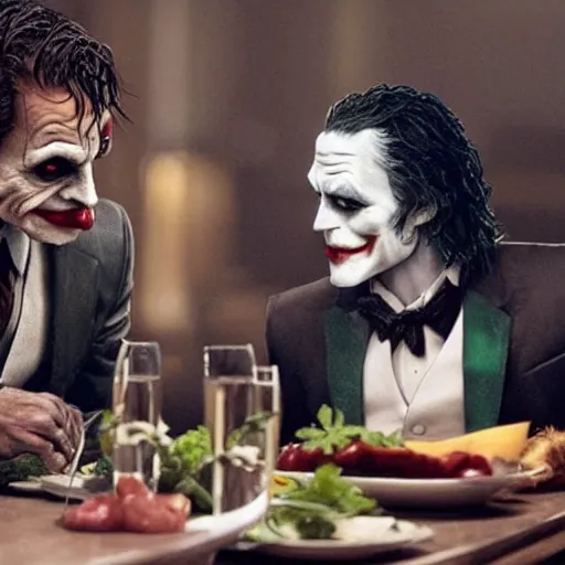 Image similar to A still of Batman and The Joker having dinner together, 4k, ultra realistic, detailed