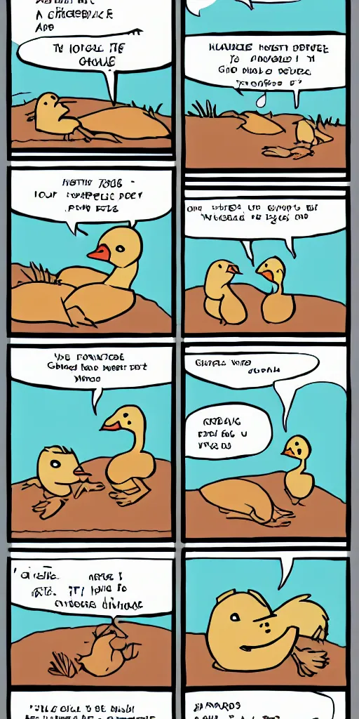 Prompt: funny high quality goose comic. 2 panel page. web toons. trending