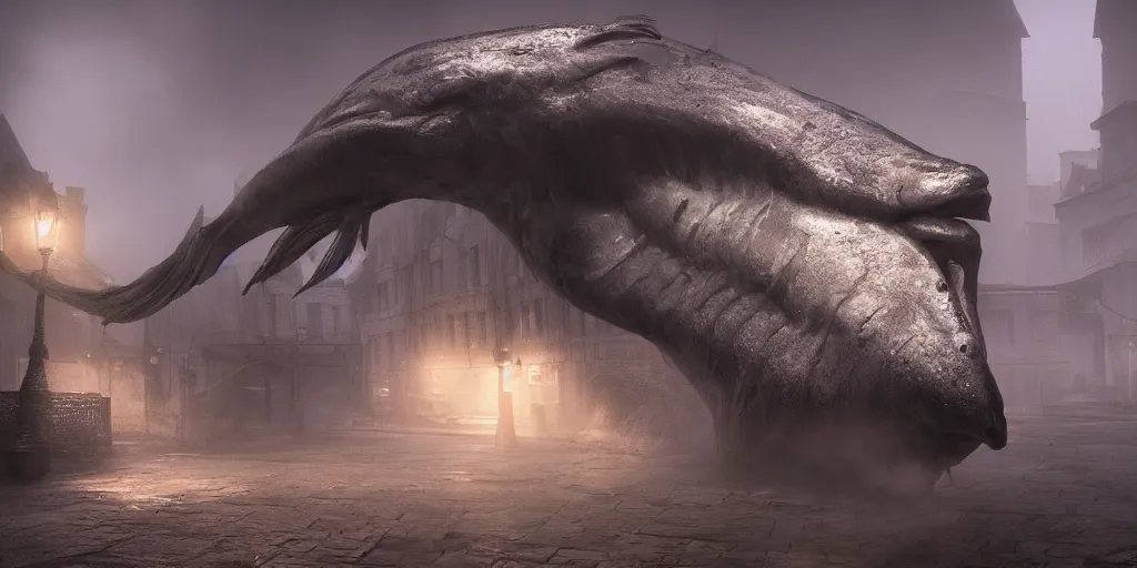 Prompt: the shadow over innsmouth, mutant fish, grand imposing powerful sculpture. swirls of mist. occult photorealism, uhd, amazing depth, volumetric lighting, cinematic lighting. epic landscape.