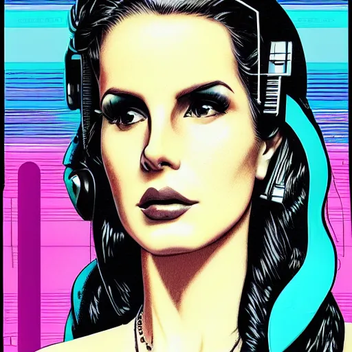 Prompt: lana del rey, detailed cyberpunk vaporwave portrait by tim doyle, by norman rockwell