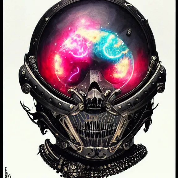 Image similar to a highly detailed space pirate portrait of an interstellar criminal radiating a dark unholy aura, a divine cosmic punisher, ornate black futuristic gothic armor, intricate broken space helmet, VR iridium visor, 8k, by Tristan eaton, Stanley Artgermm, Tom Bagshaw, Greg Rutkowski, Carne Griffiths, Ayami Kojima, Beksinski, Giger, trending on DeviantArt, face enhance, hyper detailed, minimalist, cybernetic, android, blade runner, full of colour,