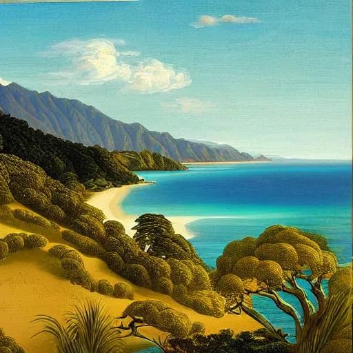 Prompt: golden bay abel tasman new zealand, rococo art style, highly detailed
