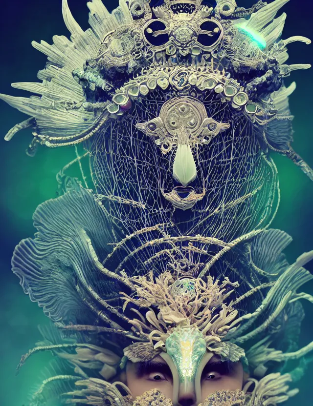 Image similar to goddess macro close - up portrait wigh crown made of ram skull. beautiful intricately detailed japanese crow kitsune mask and clasical japanese kimono. betta fish, jellyfish phoenix, bioluminiscent, plasma, ice, water, wind, creature, artwork by tooth wu and wlop and beeple and greg rutkowski