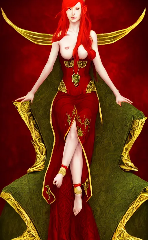 Prompt: Half-body portrait of a red-haired beautiful elven queen in red, gold and green dress sitting on a throne. In style of Hyung-tae Kim, concept art, trending on ArtStation, Korean MMORPG.