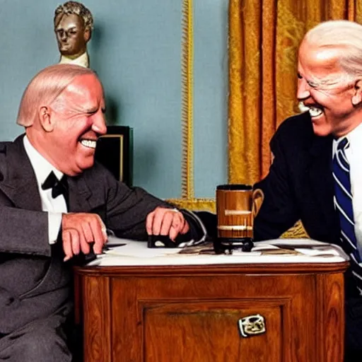 Image similar to “ very photorealistic photo of hitler and joe biden laughing together, award - winning details ”