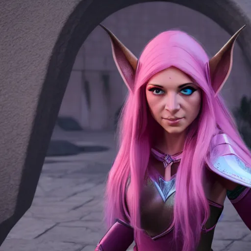 Prompt: attractive cleric half elf woman with pink hair, beautiful, 4 k, 8 k, unreal render, cinematic lighting
