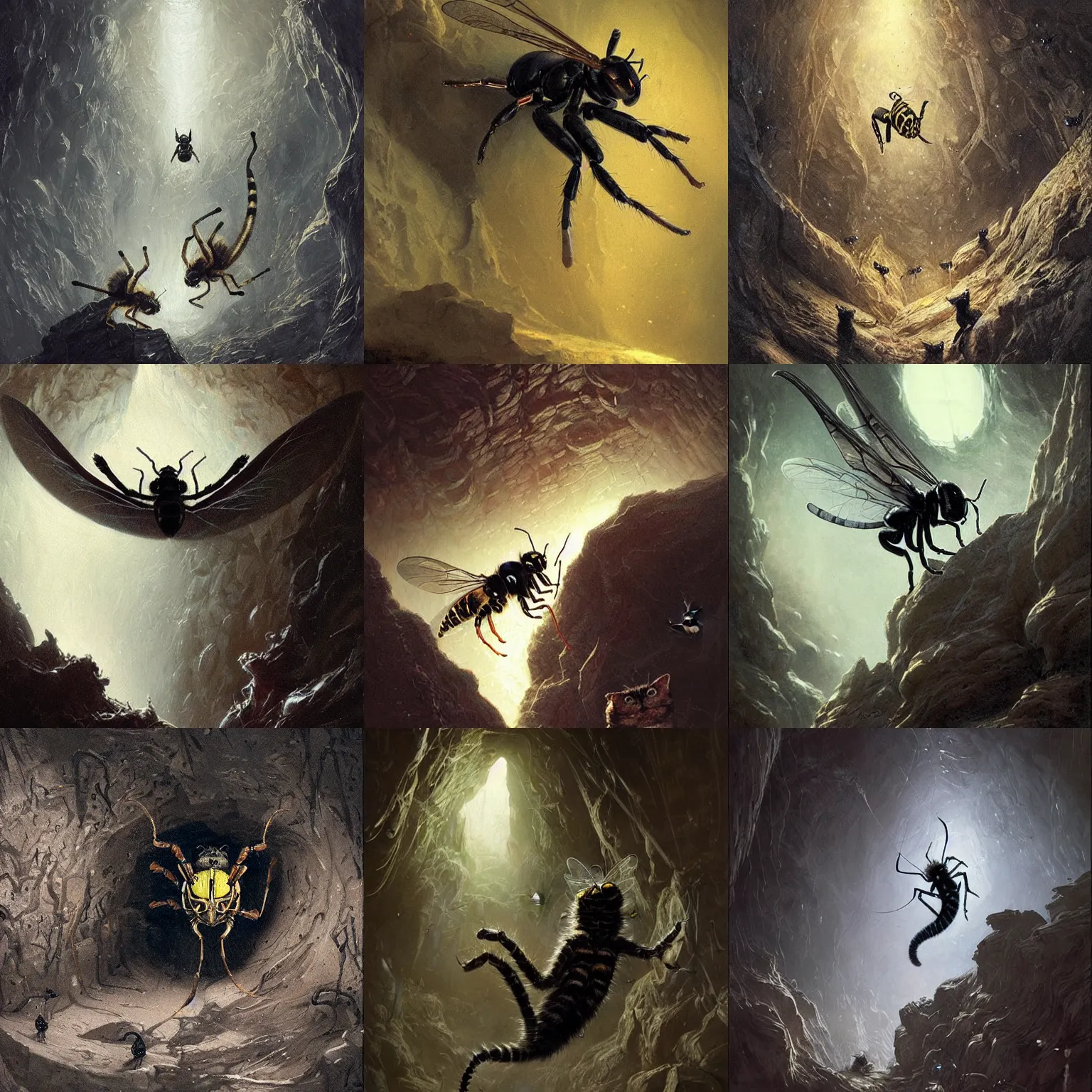 Prompt: wasp cat, spider, feline insect, in a dark cave, alien, many legs, painting by greg rutkowski and gustave dore