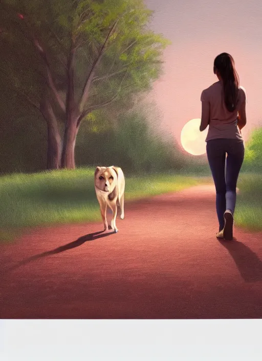 Prompt: young beautiful brown woman walking with her dog in a park at night with a full moon, illustration, photoreal, fantasy, trending. masterpiece work of art . oil on canvas. Digitally painted. Realistic. 3D. 8k. UHD.