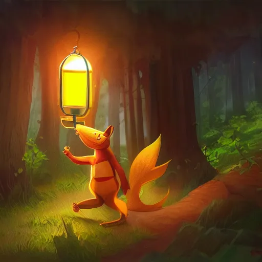 Prompt: concept art painting of an anthropomorphic chipmunk wearing a yellow cloak, holding a lantern, in the deep forest, realistic, detailed, cel shaded, in the style of makoto shinkai and greg rutkowski and james gurney