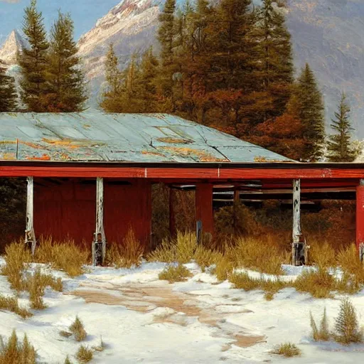 Prompt: an abandoned old rusty American gas station in Colorado mountains, oil painting, highly detailed, artwork, in style of Albert bierstadt