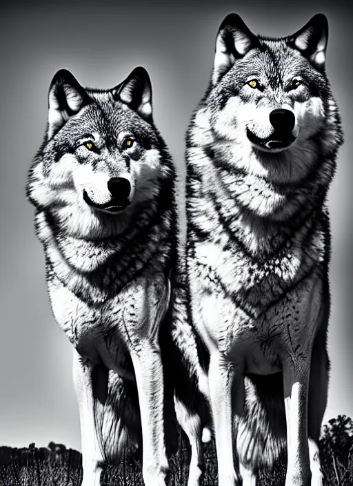 Image similar to two wolves black and white portrait white sky in background