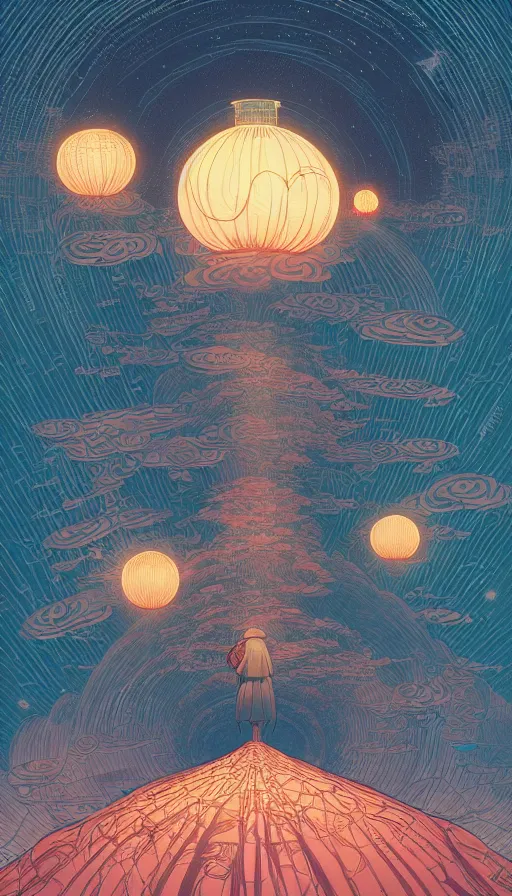 Image similar to the ancient oracle of the luminous lantern spirits on cosmic cloudscape, futurism, dan mumford, victo ngai