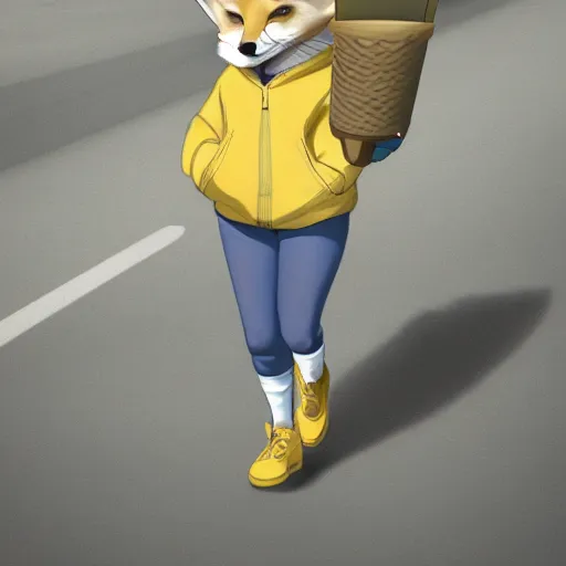 Prompt: furry art of female fennec fox walking down the street holding an icecream cone, digital art, artstation, 4K, detailed, detailed fur, big anime eyes, wearing yellow hoodie, detailed face, anthromorphic,