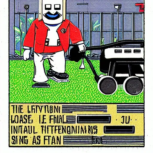 Image similar to A beautiful, highly detailed illustration of the intimidating 'last boss of lawnmowing' in an NES instruction manual