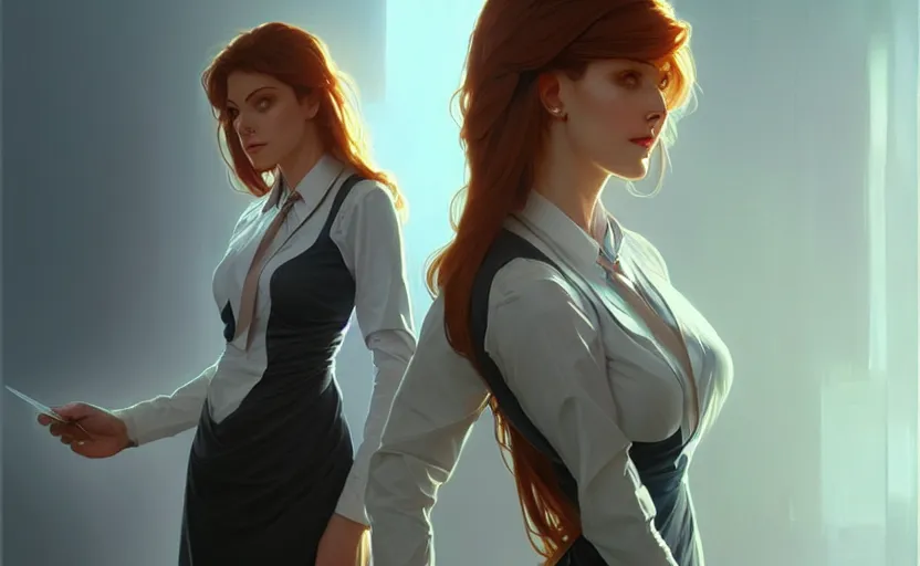 Image similar to Female in office dress, sci-fi, highly detailed, digital painting, artstation, concept art, smooth, sharp focus, illustration, art by artgerm and greg rutkowski and alphonse mucha